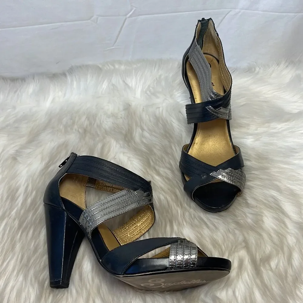 Seychelles Card‎ Shark  Black/Silver Leather Strappy Heels Sz 11